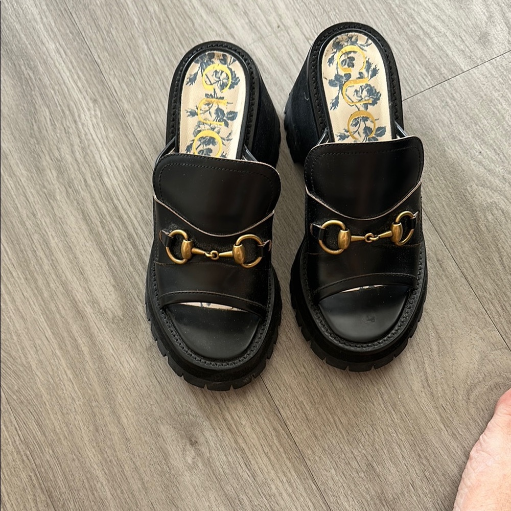 Gucci Horsebit Cordovan Lux Womens Harald Platform Slide Sandals